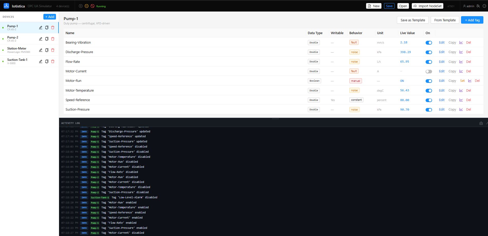 Browser-based OPC UA simulator showing configured devices and live tag values